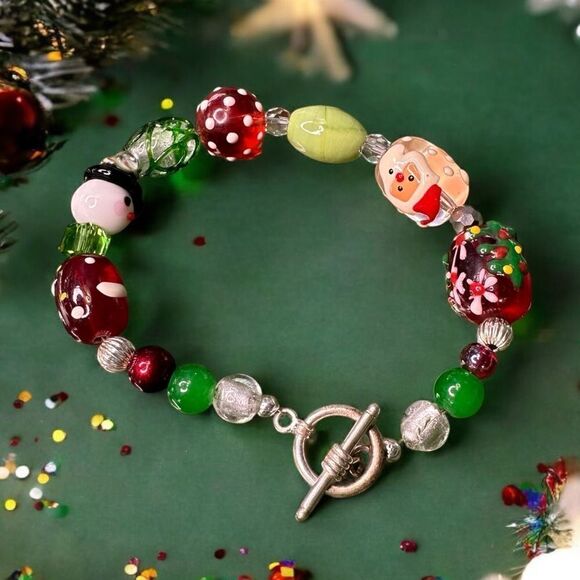 Handcrafted One of a Kind Art Lampwork Venetian Glass Christmas Bracelet 7.5”-8” - Picture 1 of 3